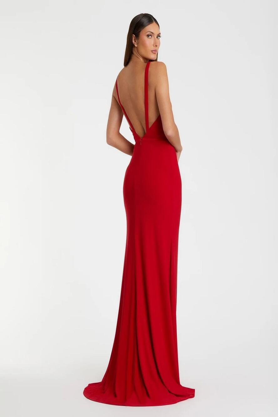 Mac Duggal Red Plunge Neck High Slit Gown SZ 0 NWT